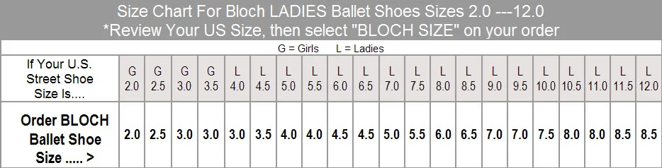 Bloch booties size chart 2025